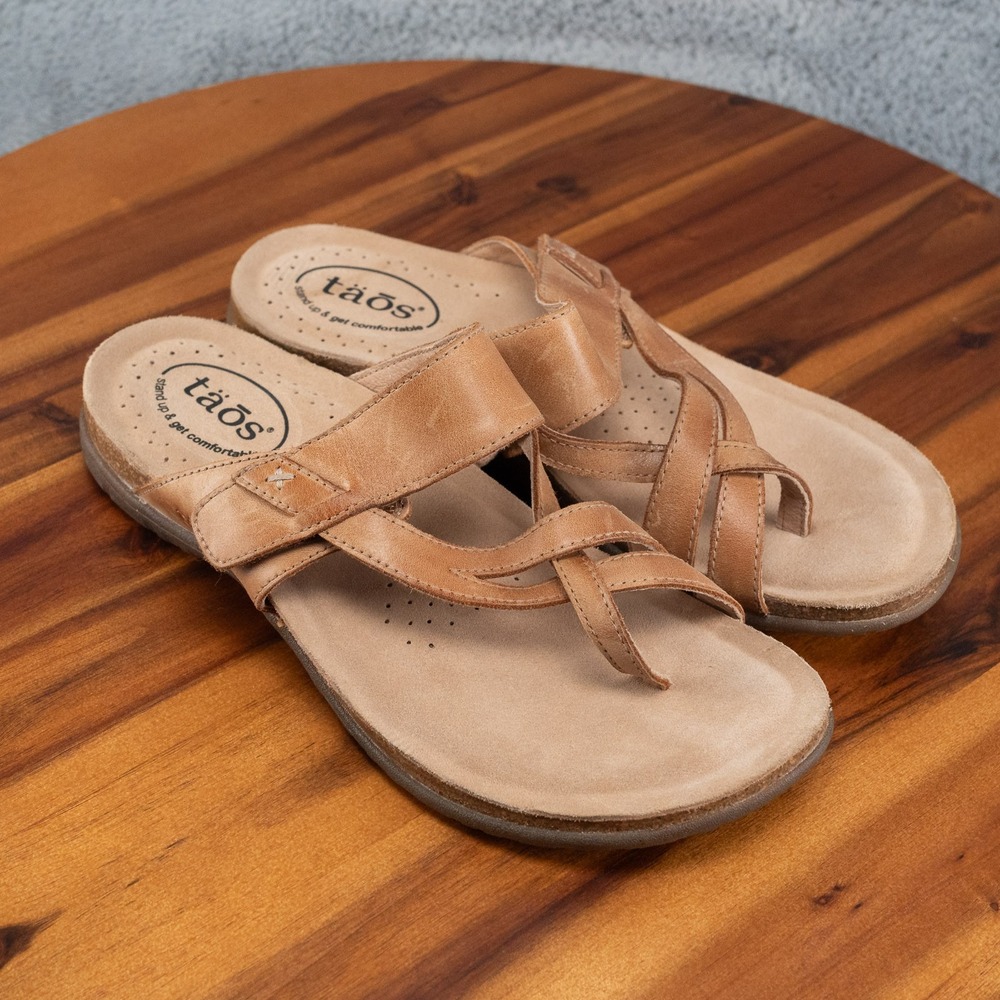 Taos The Perfect Sandals Women's US 9 Brown Leather Slide Toe Loop Comfort Shoes